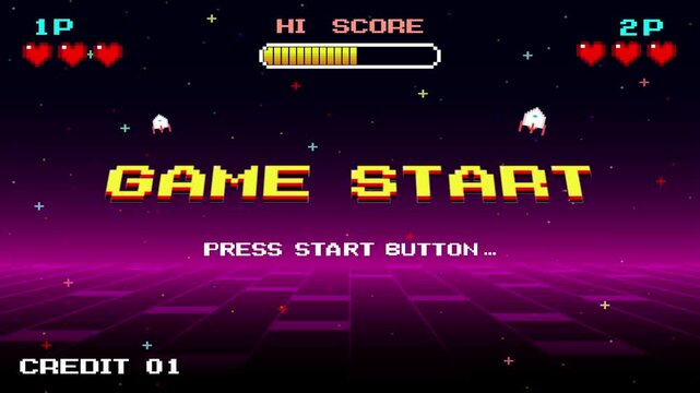 GAME START. pixel art 8 bit. retro game. for game assets in vector illustrations. arcade gaming.
