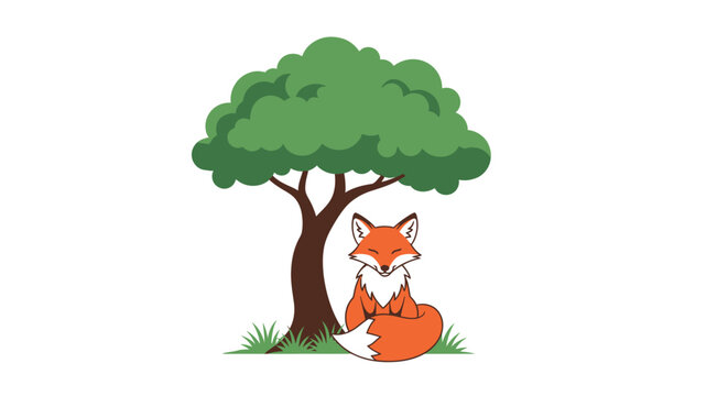 Orange Fox Sitting Under Tree.
