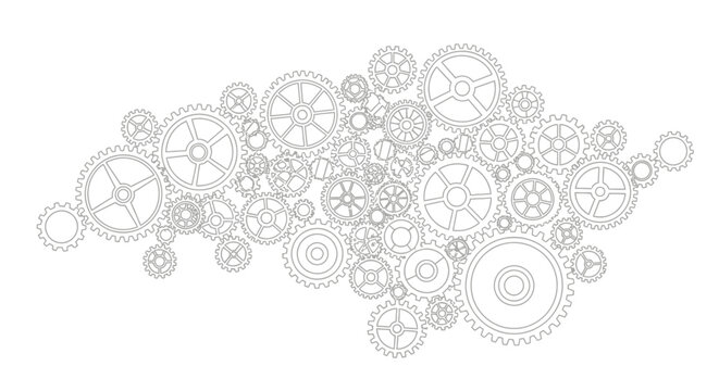 Outline drawing of interconnected gears and cogs mechanism