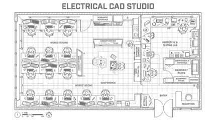 Obraz premium CAD Electrical CAD Studio Floor Plan Architectural Blueprint Vector for Engineering Projects, Office Interior Design & Workspace Technical Documentation (EPS)