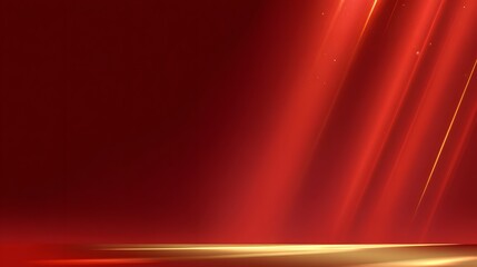 Obraz premium Red background with spotlight ray shining on a golden podium. Luxury stage platform presentation template for commercial product showcase