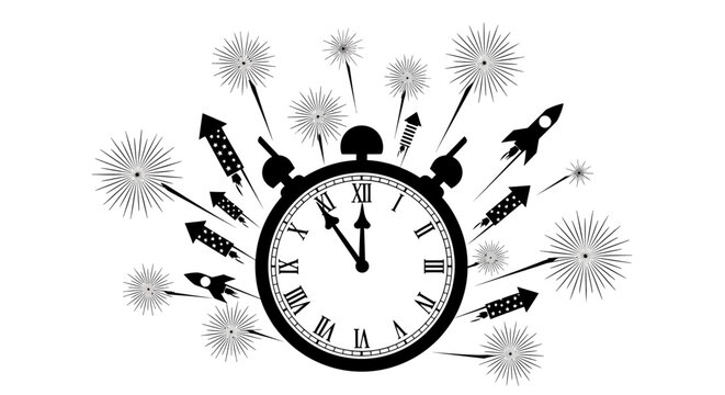 New year's countdown with fireworks and rockets around alarm clock
