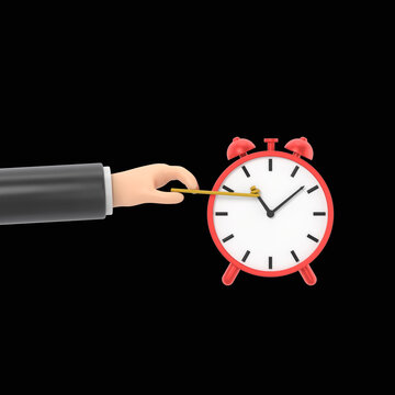 Stop time concept.Business metaphor.3D illustration flat design.Businessman in suit push back hour hand.Deadline.Time management.3D rendering on black Screen for footage and clipping path.