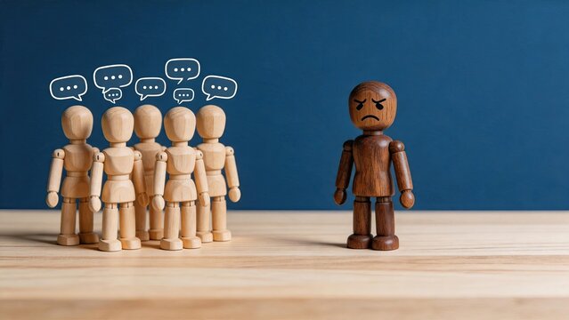 Wooden mannequin standing alone apart from group, social exclusion concept, bullying and isolation in workplace or school environment representing loneliness and mental health