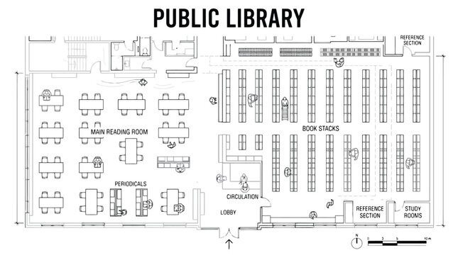 CAD Public Library Floor Plan Architectural Blueprint Vector for Interior Design, Educational Facility Mapping & Building Navigation (EPS)