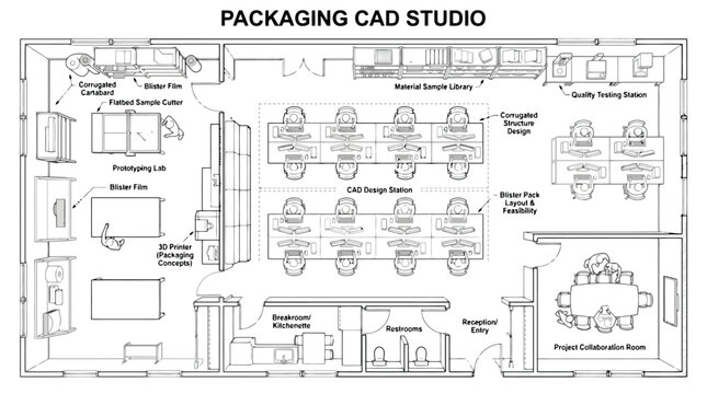 CAD Packaging CAD Studio Architectural Floor Plan Vector for Industrial Design, Workspace Planning & Interior Engineering Projects (EPS)