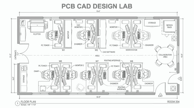CAD PCB CAD Design Lab Floor Plan Architectural Vector for Engineering Projects, Office Space Planning & Interior Layout Presentations (EPS)