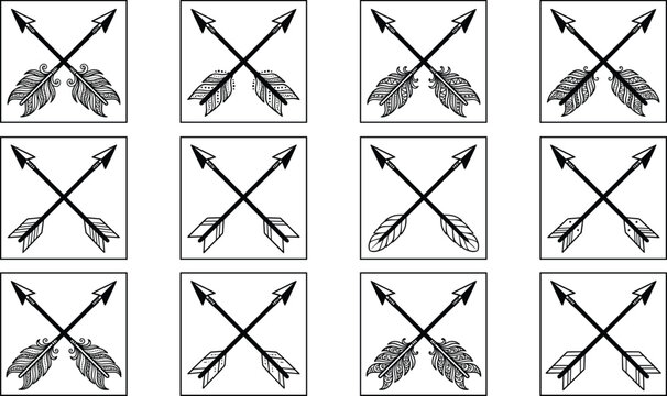 Set of decorative crossed arrows with tribal, boho, and feather designs for rustic, wedding, and logo projects