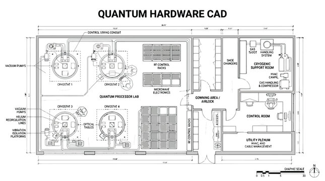 CAD Quantum Hardware CAD Laboratory Floor Plan Vector Illustration for Engineering Blueprints, Scientific Research Facilities & Technical Architecture Documentation (EPS)