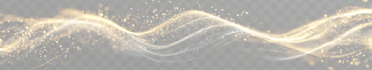 gold Transparent png of golden dust line overlay with soft bright glowing swirling light particles flowing in smooth twirls and delicate curves spreading outward on white background spark wave flow © Diana