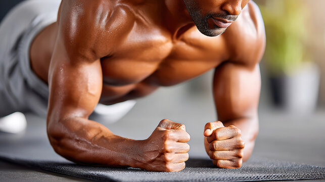 Muscular man holding a forearm plank on a mat closeup of elbows and core for fitness workout background