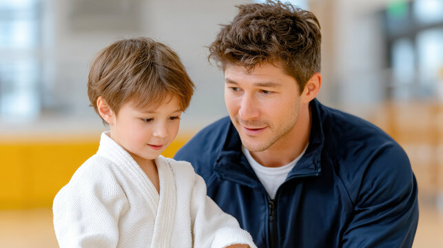 Coach guiding young child in judo practice at dojo for martial arts training poster and youth sports instruction background