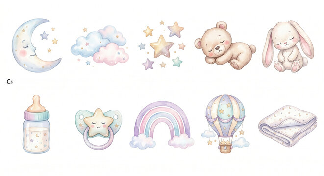 Dreamy sleepy baby ornament collection, 10 separate illustrations arranged on one large page