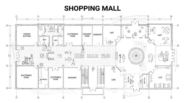 CAD Shopping Mall Floor Plan Architectural Blueprint Vector for Commercial Construction, Retail Interior Design & Urban Property Development Projects (EPS)