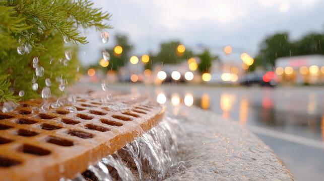 Urban rainfall: overflowing storm drain at city curb during heavy downpour