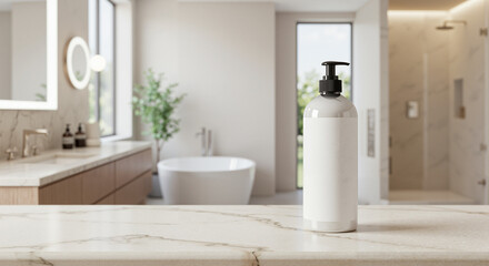 Fototapeta premium Modern bathroom with white bottle and stylish decor on countertop 