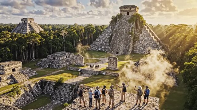 Tourists view majestic Mayan pyramids at Chichen Itza sunrise