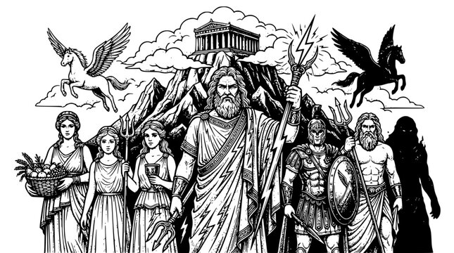 Ancient greek gods and goddesses standing together in mythology scene