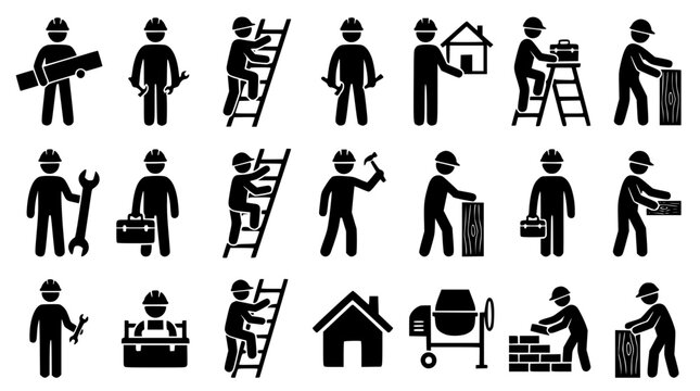Black silhouettes of construction workers with various tools and equipment