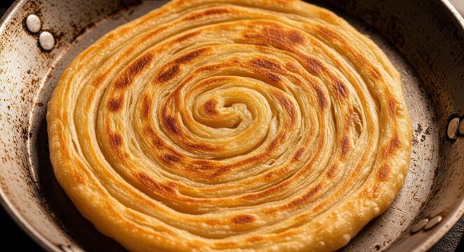 Golden crispy layered paratha flatbread in a frying pan