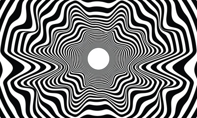 Fototapeta premium Abstract hypnotic pattern with black-white striped lines. Psychedelic background. Op art, optical illusion. Modern design, graphic texture.