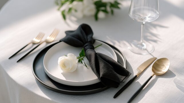 Close-up of a black tie memorial table setting on a white cloth, showcasing elegant details