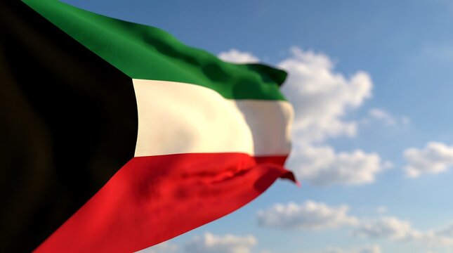 Close up of Kuwaiti national flag waving against blue sky with clouds in natural daylight