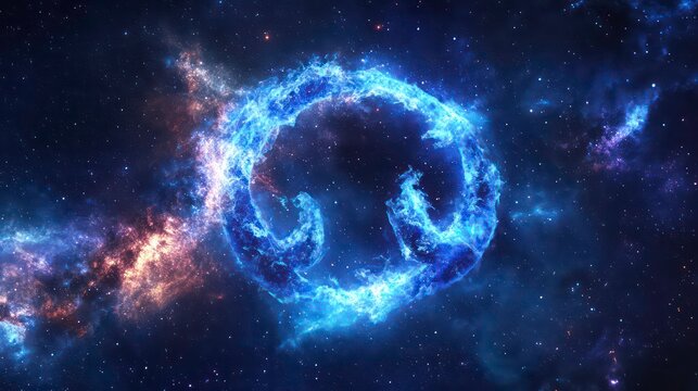 A fiery circle of blue flames burns in the darkness of space. The flames are surrounded by a nebula of swirling colors, giving the impression that the flames are a cosmic entity.