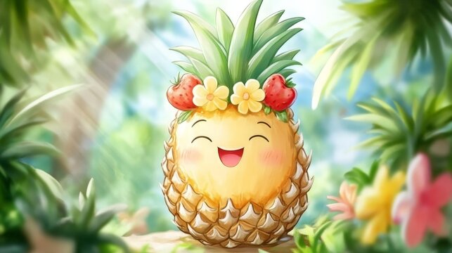 Cute personified pineapple character with a happy smiling face, wearing a crown of strawberries and yellow flowers. Digital watercolor illustration in a sunny tropical garden setting.