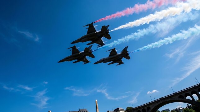 Formation of three fighter jets with colored smoke trails over urban bridge and blue sky