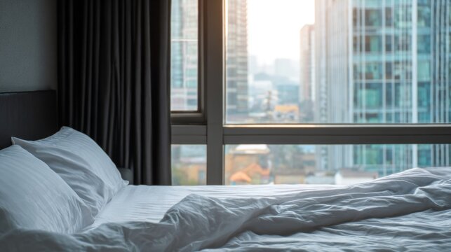 A cozy bedroom shows a neatly made bed with white sheets and a city view in the morning light