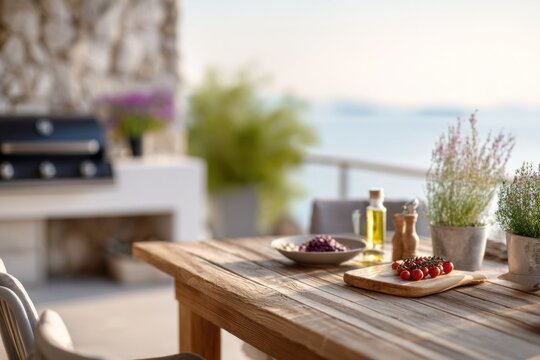 Friends enjoy a barbecue at a seaside house with Italian food on a sunny terrace by the sea