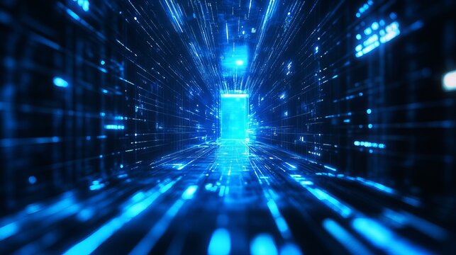 Bright blue light glowing at the end of a futuristic digital tunnel with flowing data