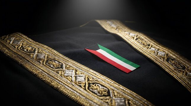 Macro shot of Kuwaiti flag patch on black Bisht cloak with ornate gold embroidery studio lighting