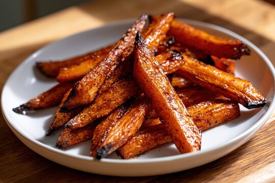 Carrot batons are roasted and glazed, served on a white plate in bright natural sunlight