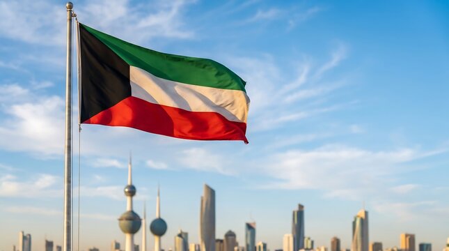 National flag of Kuwait waving on flagpole with Kuwait City skyline and blue sky background