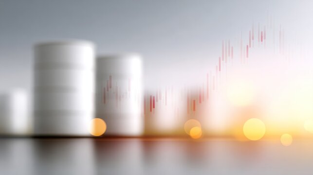 Stock chart displays upward movement while oil storage tanks fade out of focus in the background