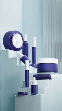 Clear matte Yale Blue cosmetic set with White liquid cream inside.  Arranged on a stair Arctic colored ladder shaped base. Matte White lid