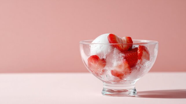 A bowl holds transparent ice cream with sliced strawberries inside. The background is pink