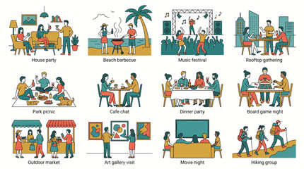 Obraz premium Collection of flat line illustrations depicting diverse groups of people engaging in various social activities, illustrating community engagement and lifestyle storytelling
