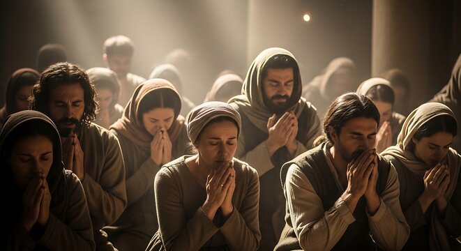 A group of people in prayer with hands clasped together in a moment of worship and devotion