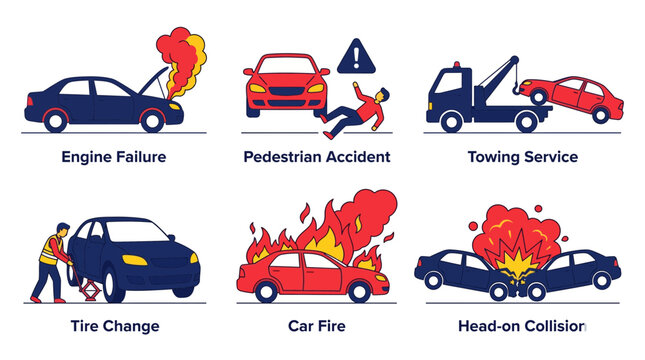 Vector set of road emergency icons including car fire engine failure pedestrian accident towing truck tire change and head-on collision, providing graphics for insurance and safety