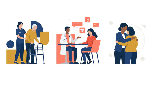 Flat vector illustration of healthcare professionals assisting elderly patients and providing emotional support, representing geriatric nursing services and provides medical care concepts