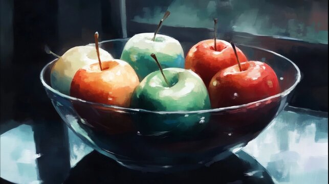 Still life digital painting of multicolored apples in a glass bowl featuring bold brushstrokes and moody lighting with shades of red, green, and orange on a dark background.