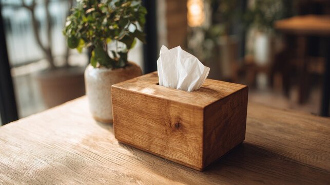 A wooden tissue box is placed on a table near a plant. The light shines through the window