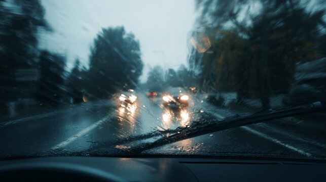 Driver vision through a rainy car windshield, wipers sweeping water, oncoming vehicles with bright headlights on a dark, wet street