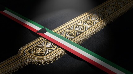 Studio macro shot of Kuwait flag ribbon on traditional black Bisht with gold embroidery spotlight