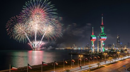 Wide angle landscape of Kuwait Towers with fireworks over Persian Gulf during night national celebration