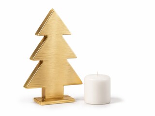 Fototapeta premium Metallic spruce icon made from brushed gold toned aluminum sleek geometric tree silhouette with a premium luxury finish accompanied by a small unlit white pillar candle for a refined festive decor