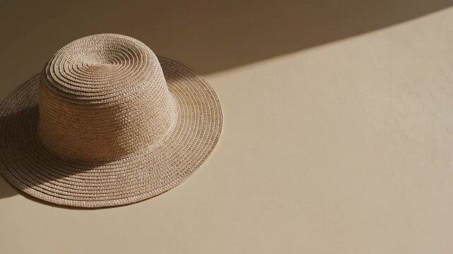 Straw Hat on Sand Colored Background with Summer Sunlight